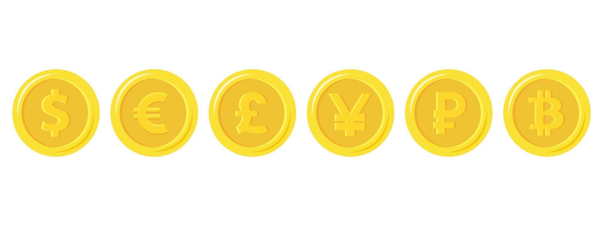 Golden coins with currencies symbols. Set of stylized golden coin with currency symbols dollar, euro, pound, ruble, yuan and bitcoin signs. vector
