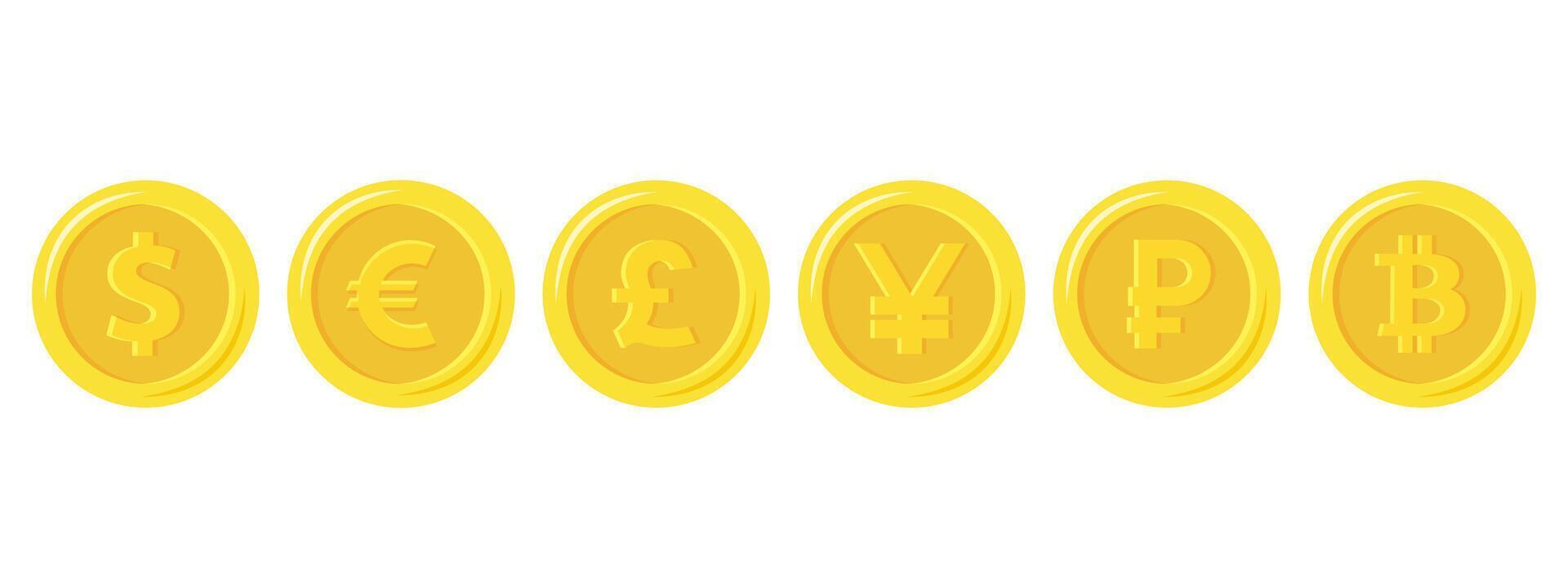 Golden coins with currencies symbols. Set of stylized golden coin with currency symbols dollar, euro, pound, ruble, yuan and bitcoin signs. vector