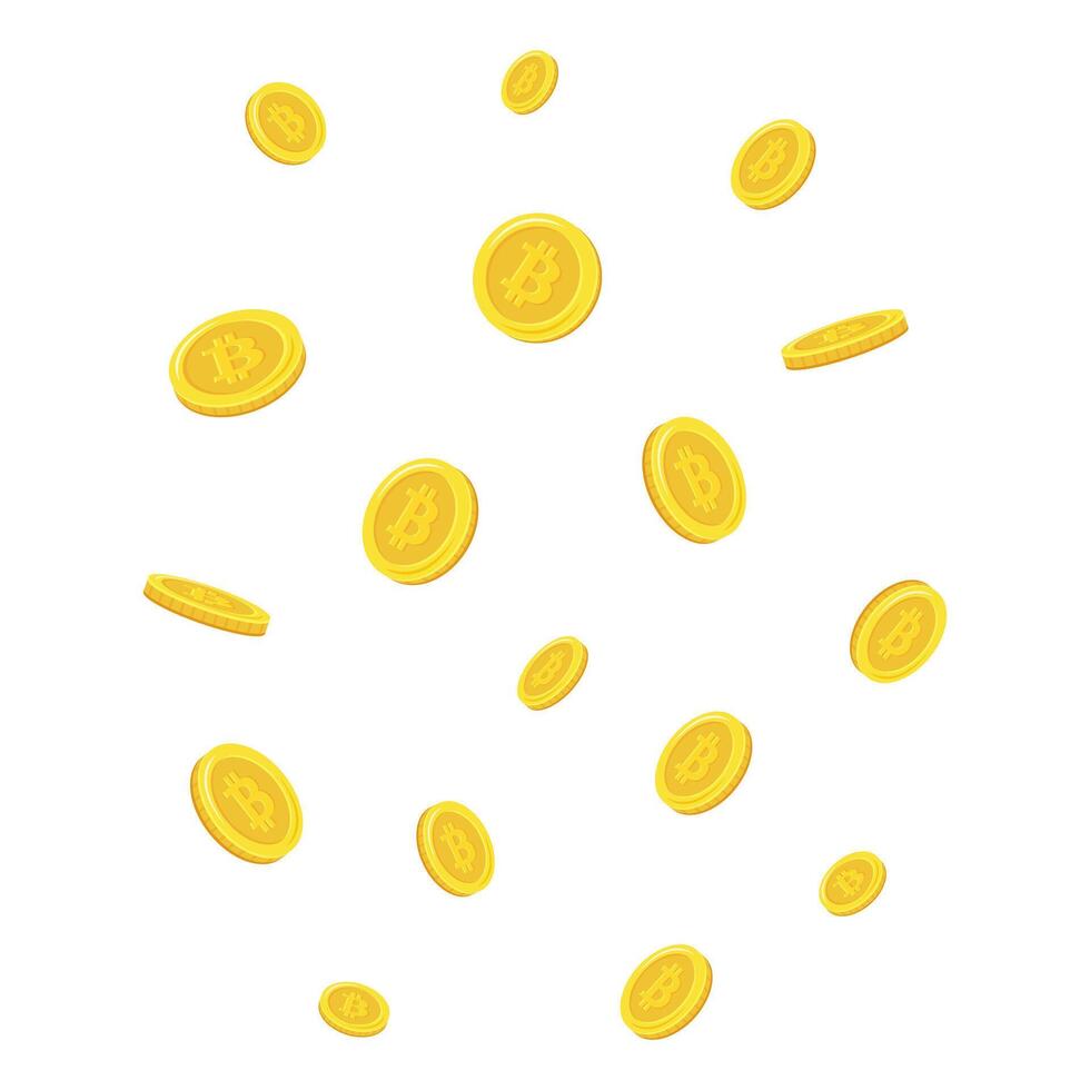 Bitcoin. Falling coins, falling money, flying gold coins. vector