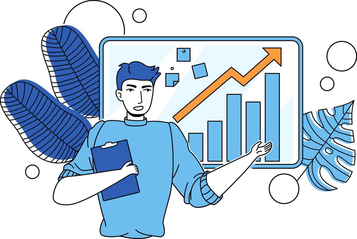 Business Briefing presentation. Businessman talking next to chart. vector