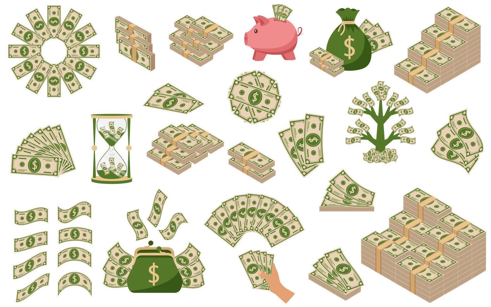 Money. Green dollar banknotes pile. Bundle with cash bills. Flat vector cartoon money illustration. Objects isolated on a white background.