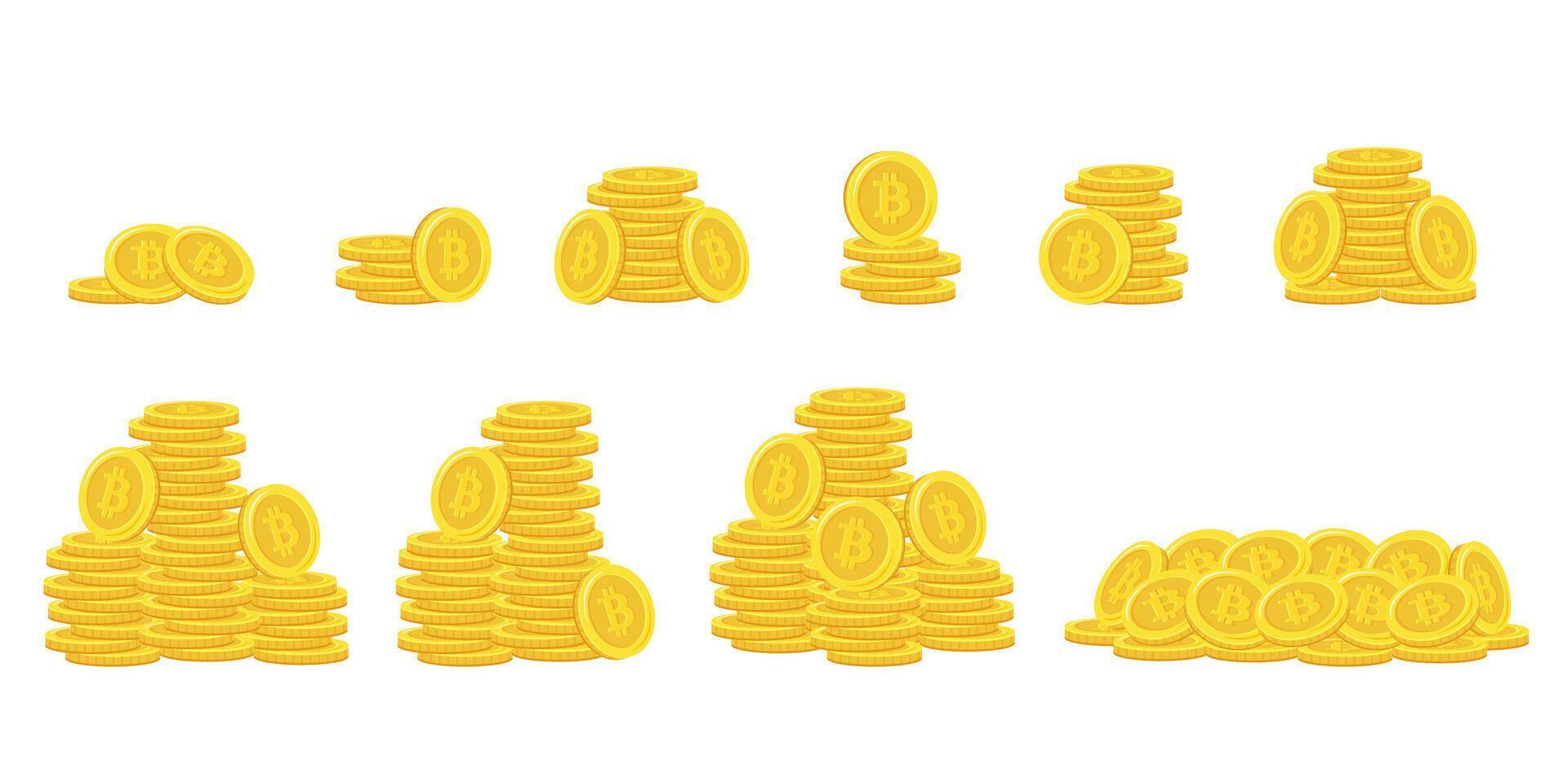 Bitcoin. Stack of gold coins. Golden coin pile, money stacks and golds piles. vector