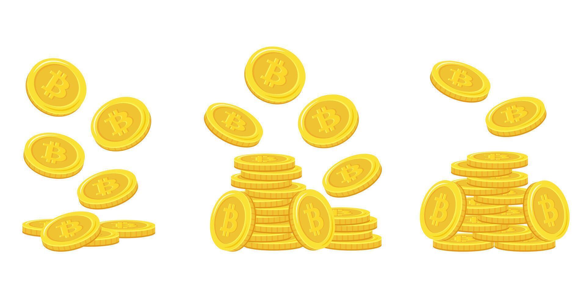 Bitcoin. Stack of gold coins. Golden coin pile, money stacks and golds piles. Falling coins, falling money, flying gold coins. vector