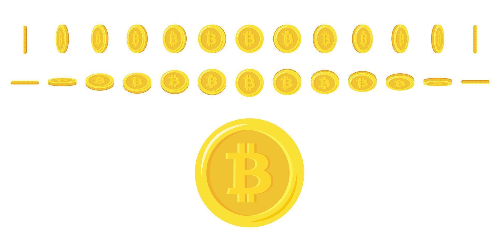 bitcoin monedas giratorio. conjunto de rotación oro monedas a diferente anglos para animación. plano vector ilustración.
