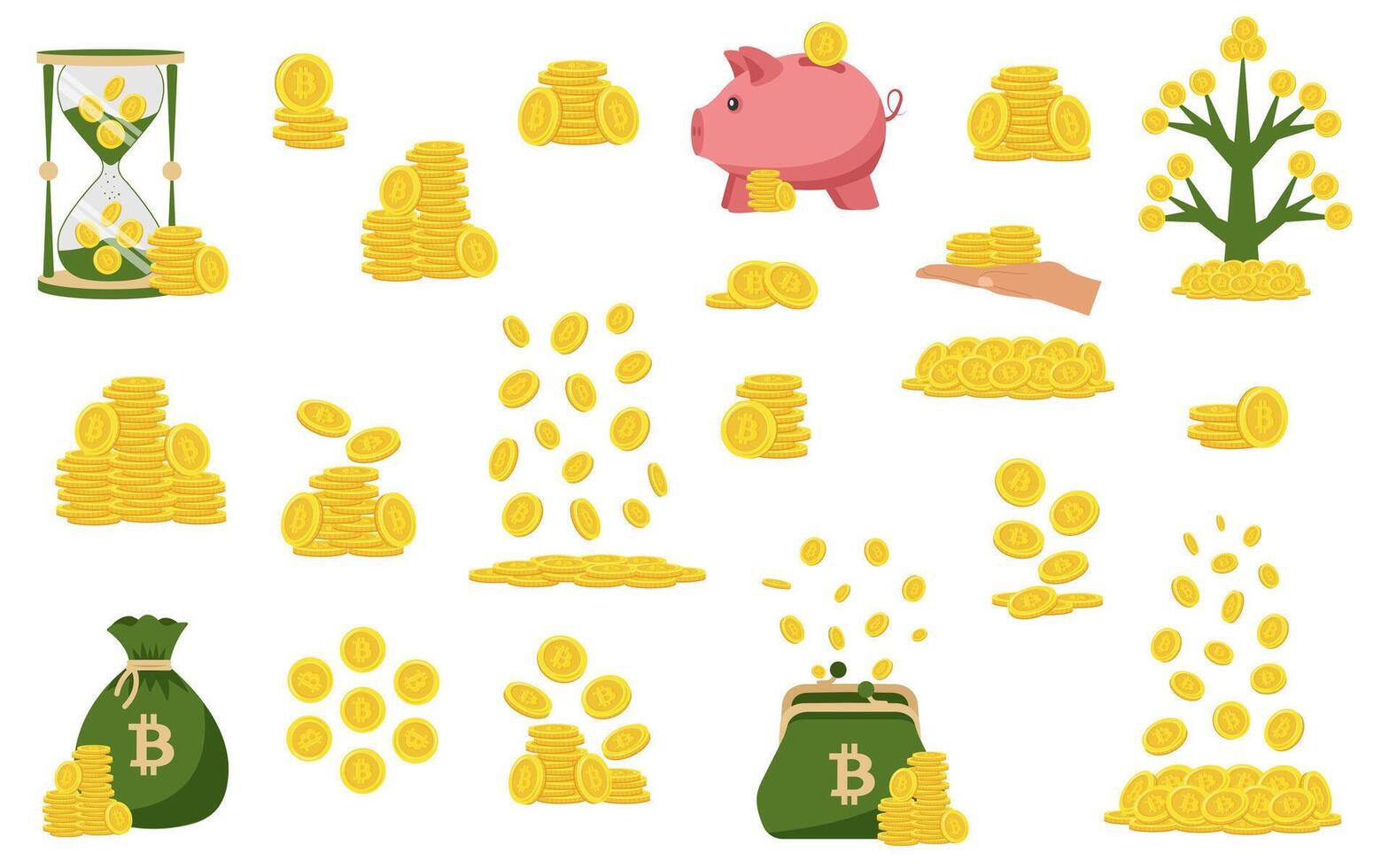 Bitcoin. Stack of gold coins. Golden coin pile, money stacks and golds piles. Falling coins, falling money, flying gold coins. vector