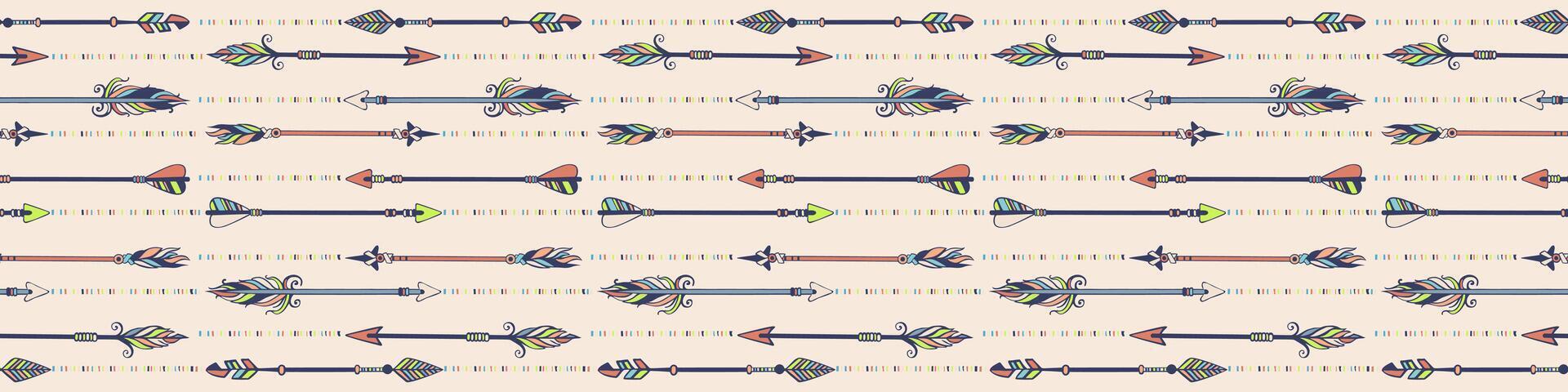 Vector abstract hand drawn seamless pattern with arrows in tender colors. Boho style ornament with simple arrows with feathers