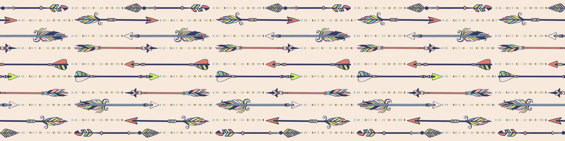 Vector abstract hand drawn seamless pattern with arrows in tender colors. Boho style ornament with simple arrows with feathers