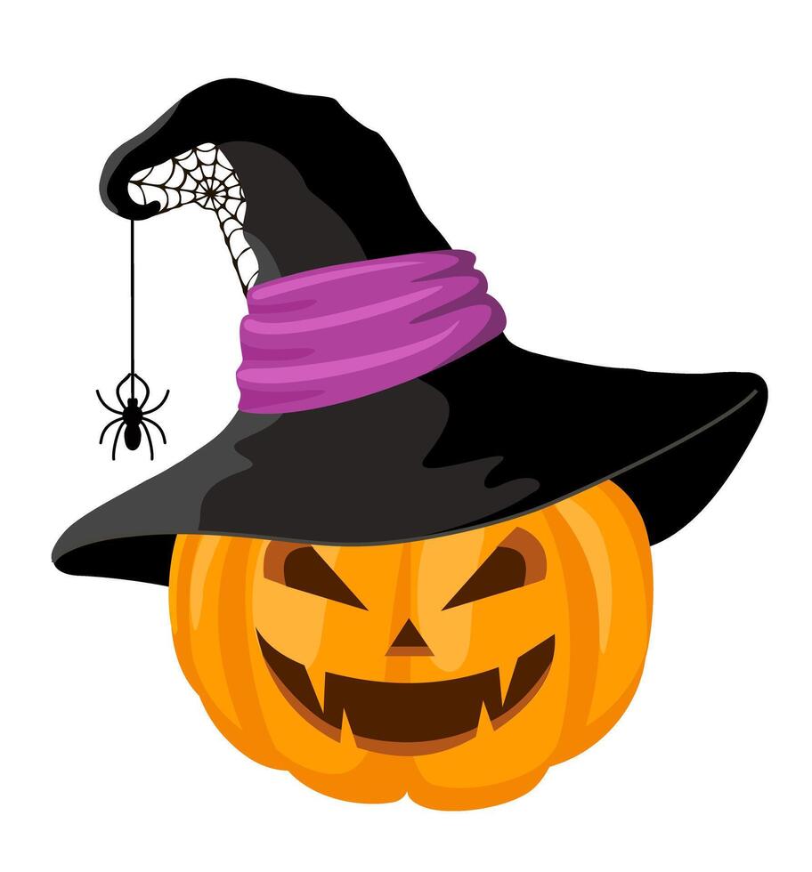 Scary Cartoon Halloween pumpkin wearing a witch hat with cobweb and spider. Halloween decoration element vector