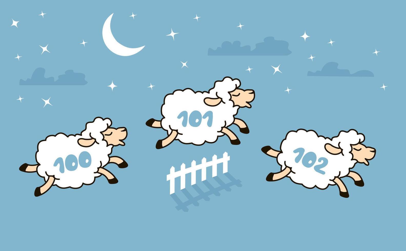 Cute cartoon sheep are jumping over the fence. Counting sheep for insomnia. Good night. Night sky with cute sheep vector