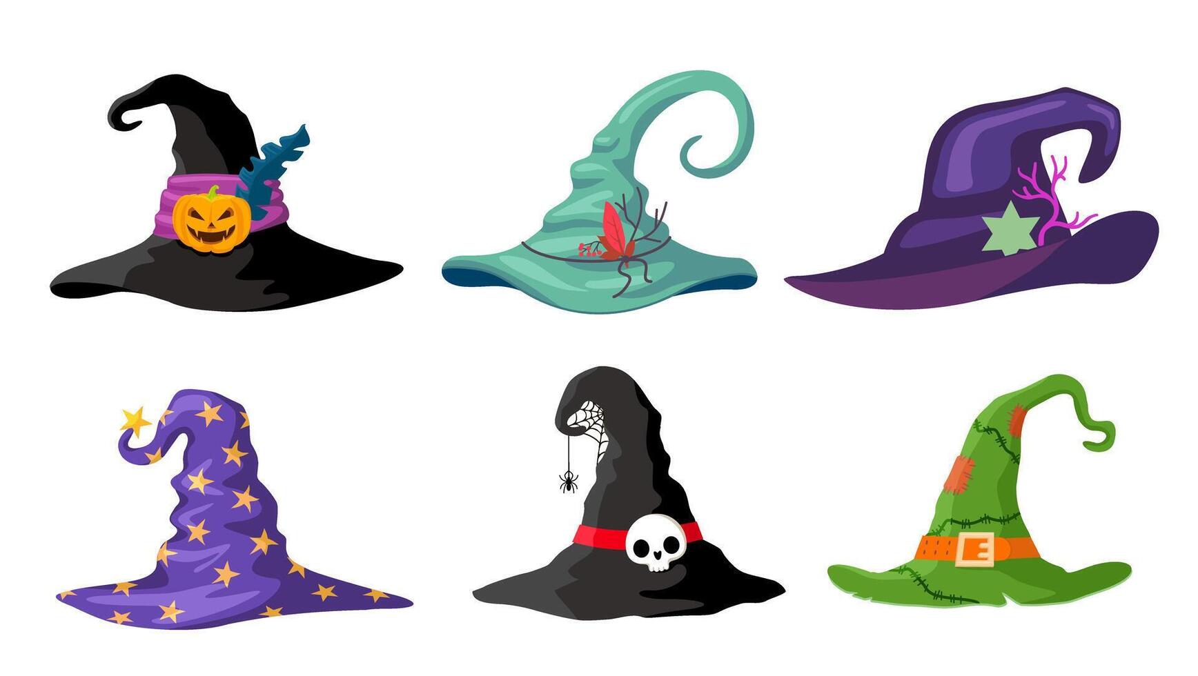 Witch hats vector icons, Halloween party costume elements. Cartoon wizard headwear, traditional magician caps. Magic cap evil with spider web