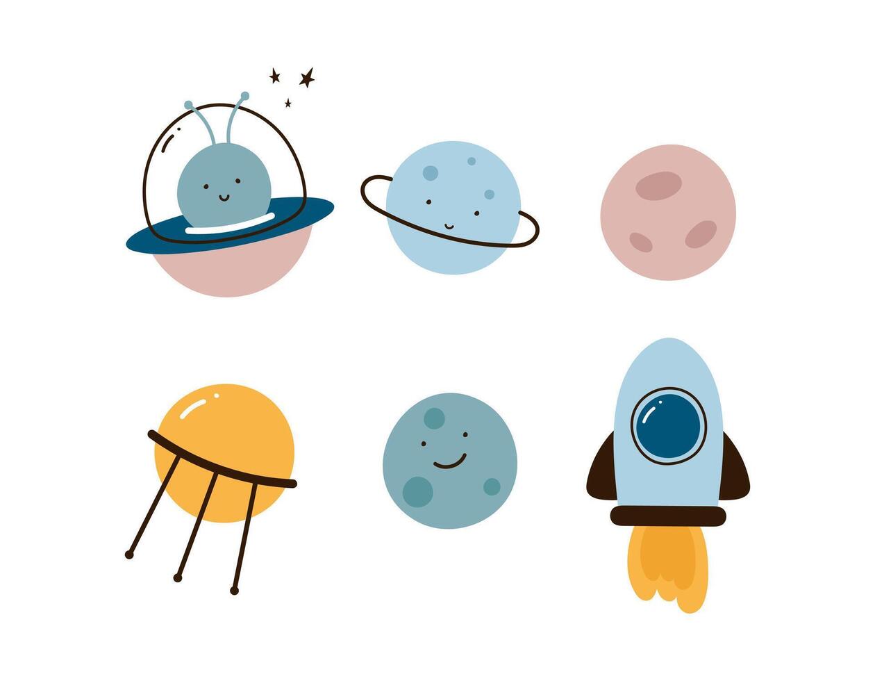 espacio conjunto con linda planetas, cohete, volador platillo, extraterrestre, satélite. dibujos animados plano estilo. vector ilustración.