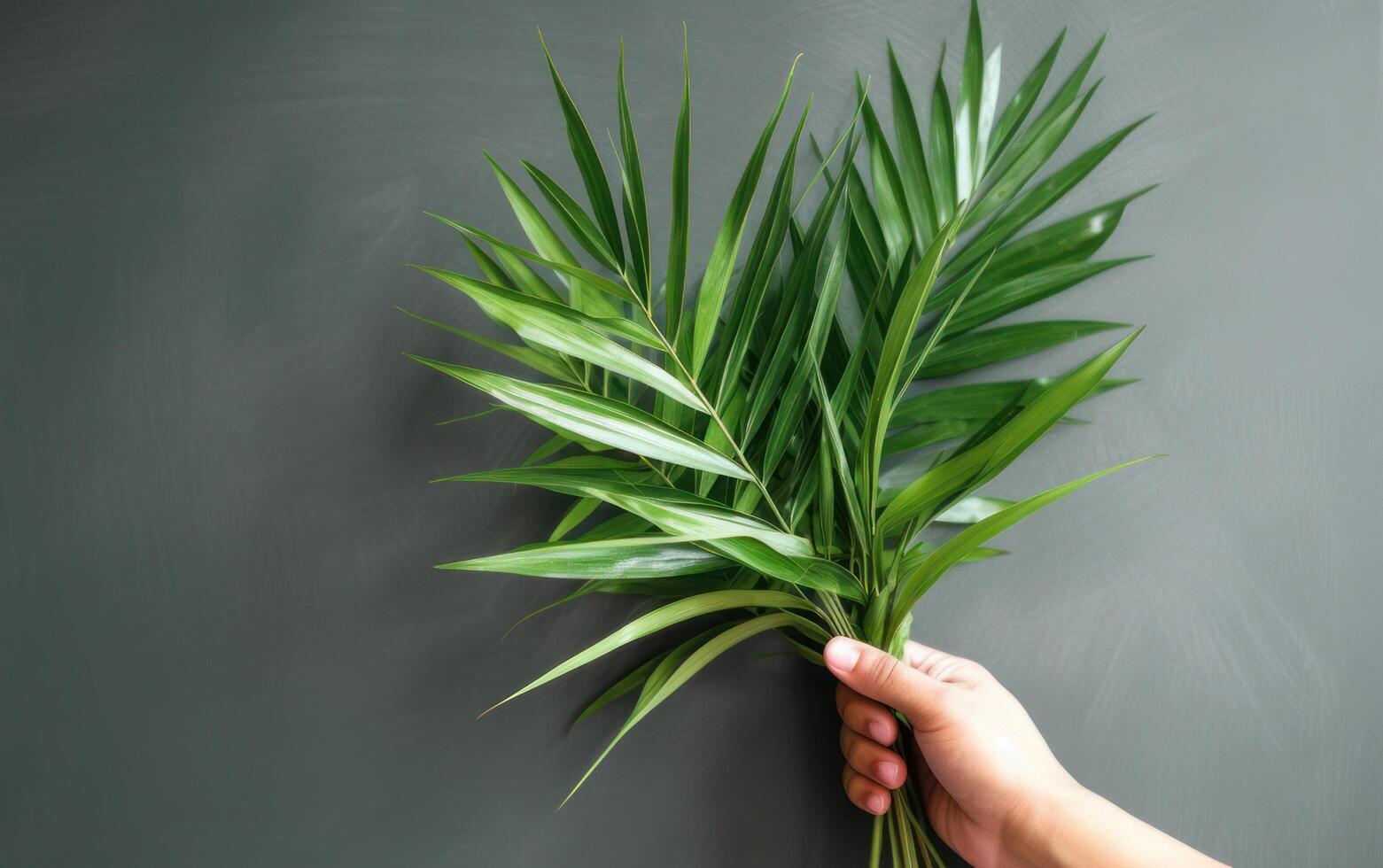 AI generated Hand holding palm leaf with copy space. Palm Sunday celebration. Generative AI photo