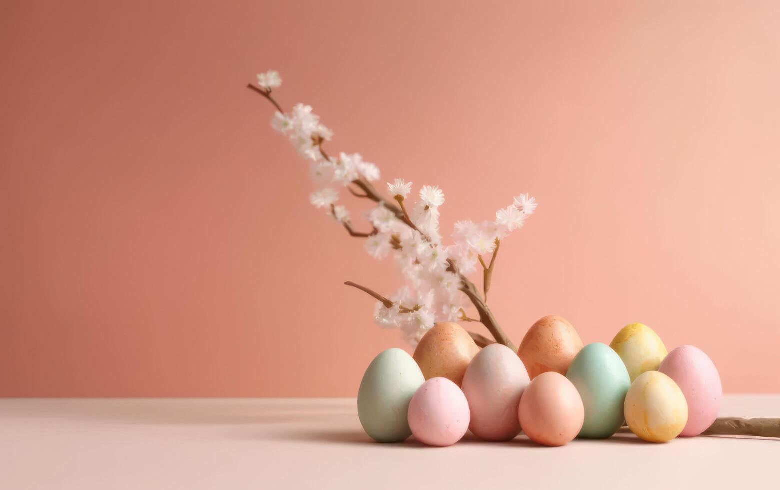 AI generated Pastel Easter eggs on pink background top view. Flat lay style. Generative AI photo