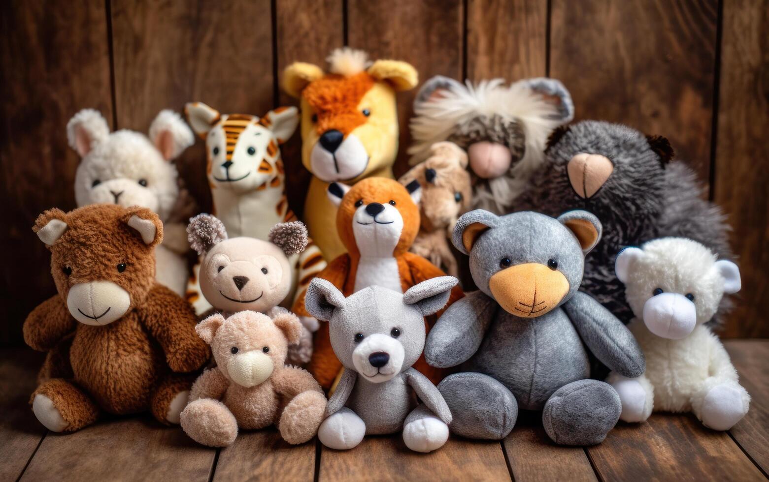 AI generated Many soft toys are sitting on the background. Generative AI photo