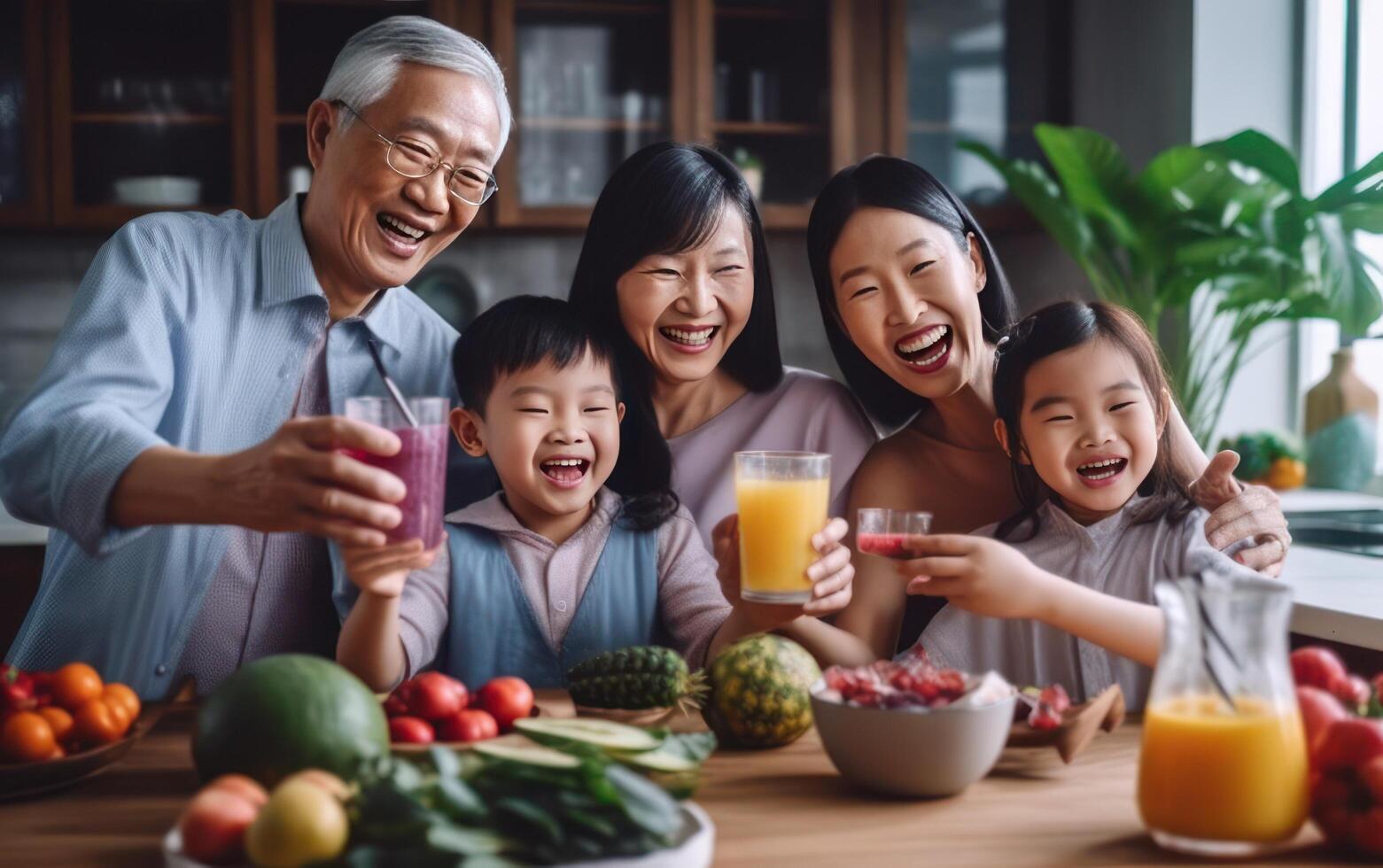 AI generated Happy asian family toasting healthy fruit juice. Generative AI photo