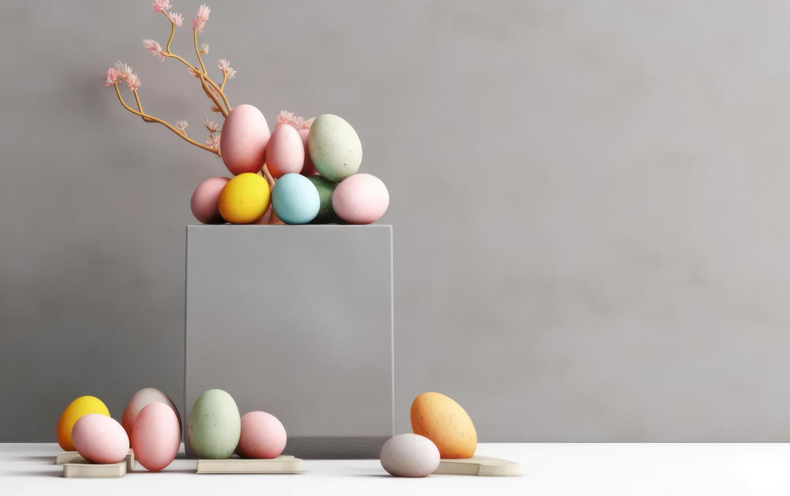 AI generated Pastel Easter eggs on pink background top view. Flat lay style. Generative AI photo