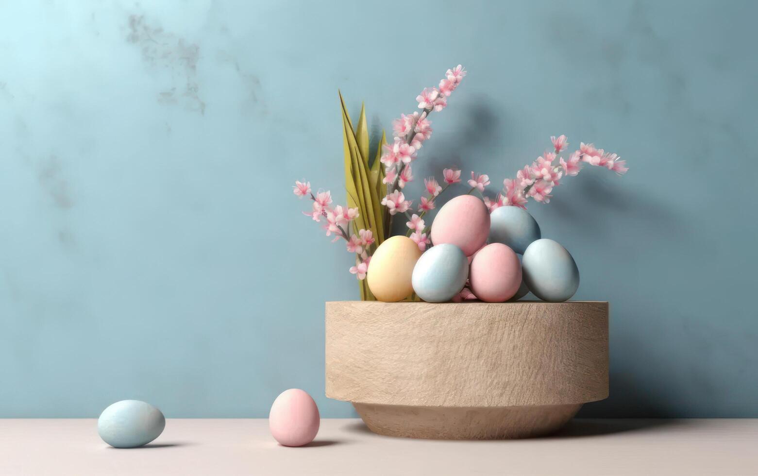 AI generated Pastel Easter eggs on pink background top view. Flat lay style. Generative AI photo