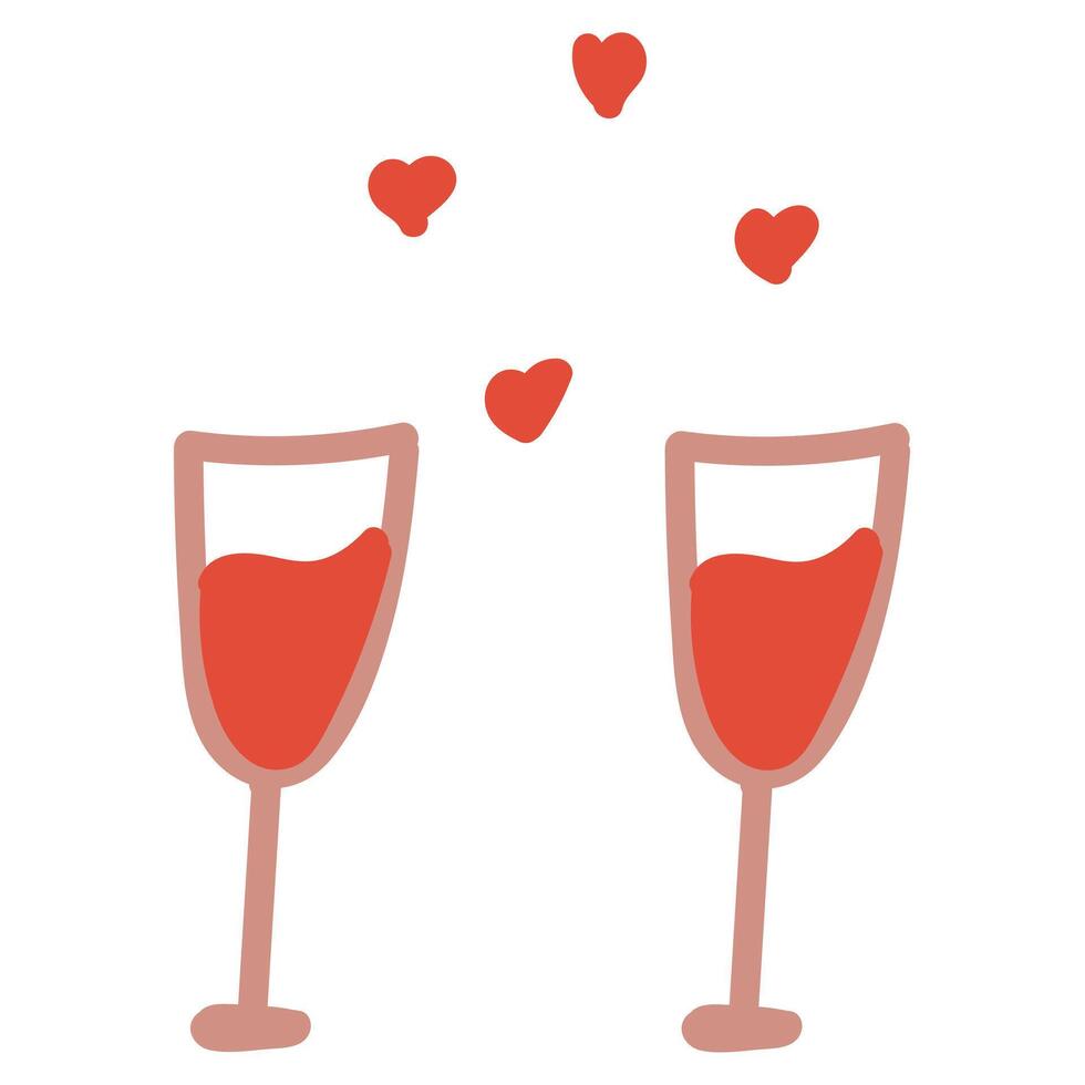 Hand-drawn illustration of glasses with red wine and hearts. Doodle isolated on white background. vector