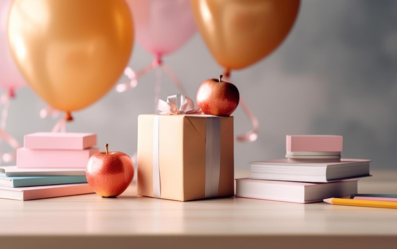 AI generated Back to school concept. School bag and balloon on table. Generative AI. photo