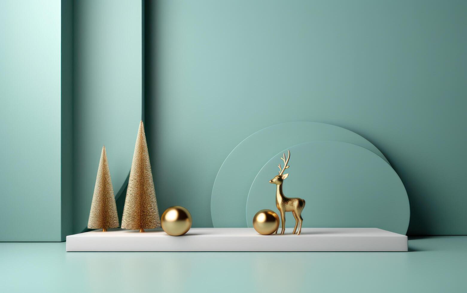 AI generated Podium with christmas decoration by deers in the style of light gray and gold. AI generated photo