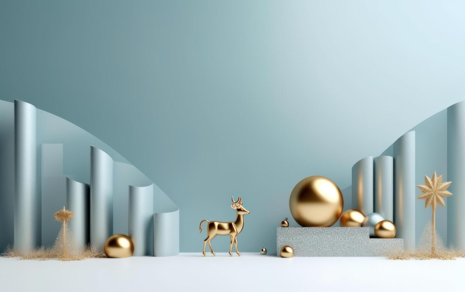 AI generated Podium with christmas decoration by deers in the style of light gray and gold. AI generated photo
