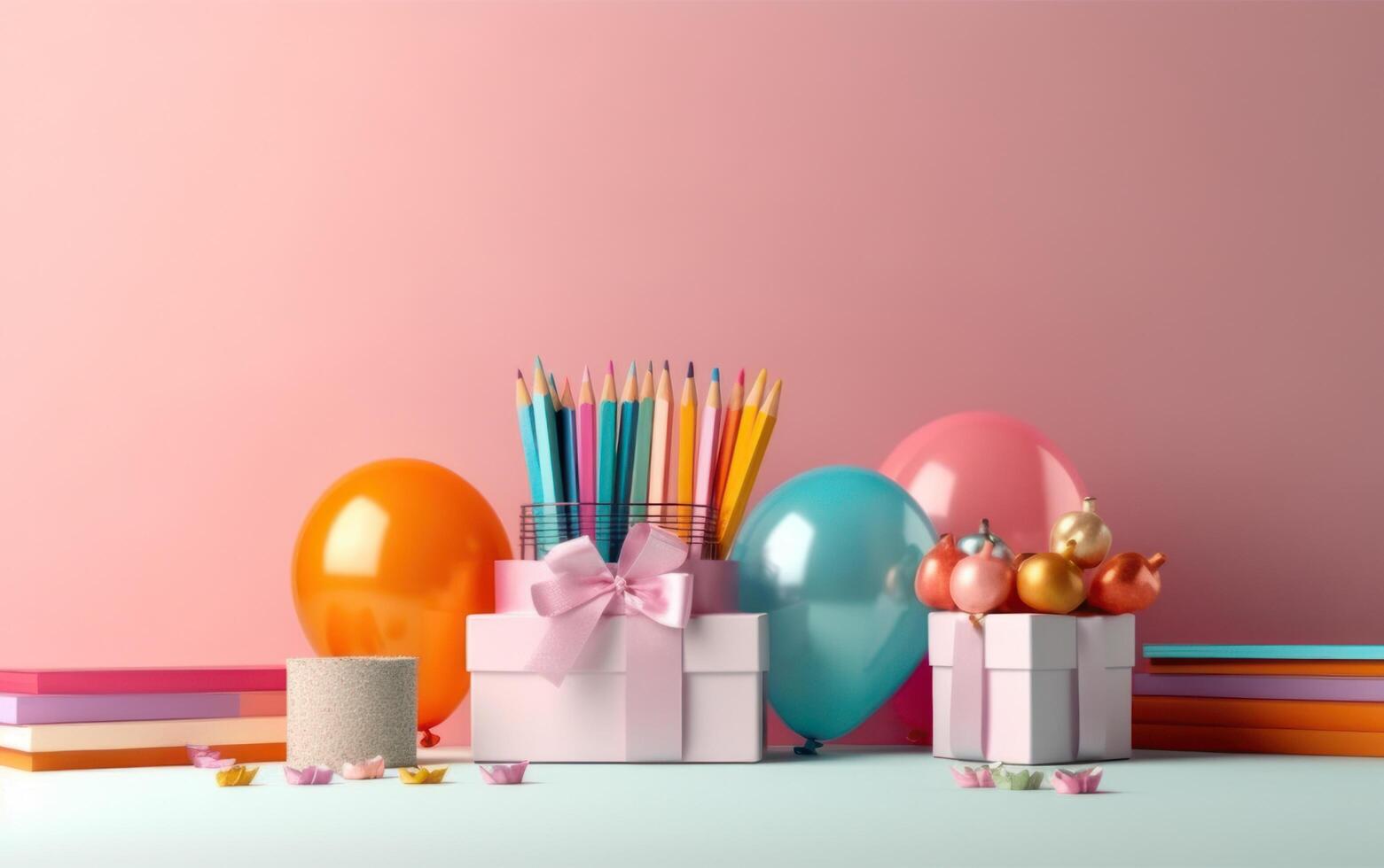 AI generated Back to school concept. School bag and balloon on table. Generative AI. photo