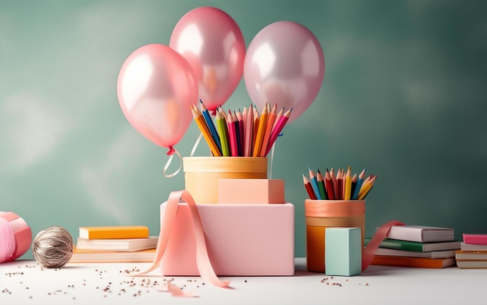 AI generated Back to school concept. School bag and balloon on table. Generative AI. photo