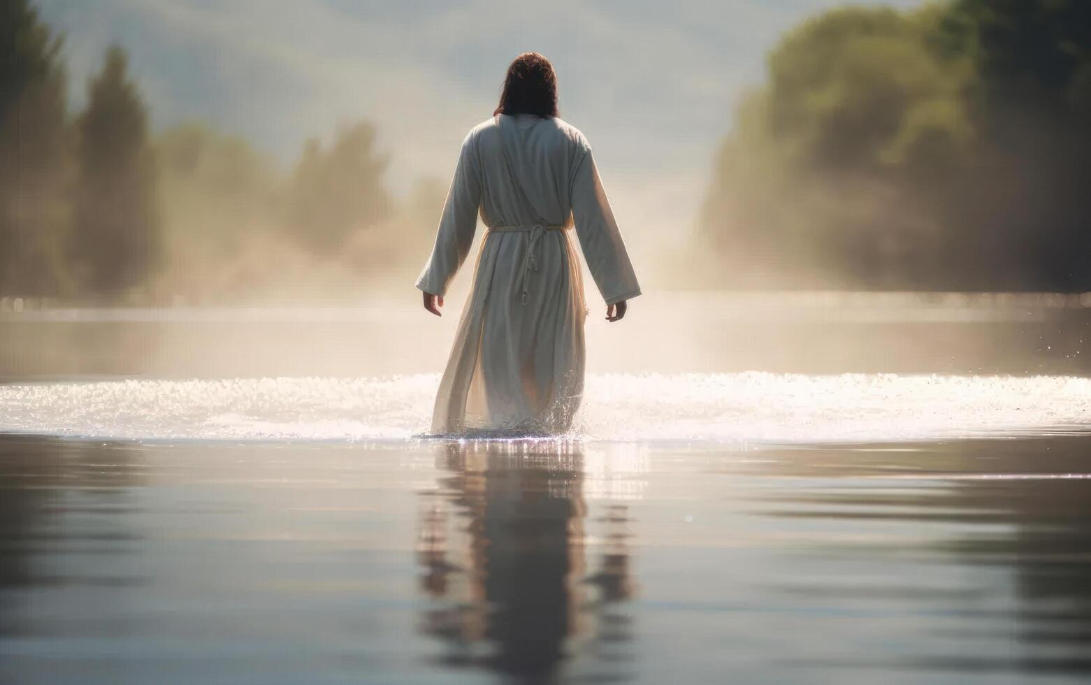 ai generado Jesús Cristo camina en agua. generativo ai. foto