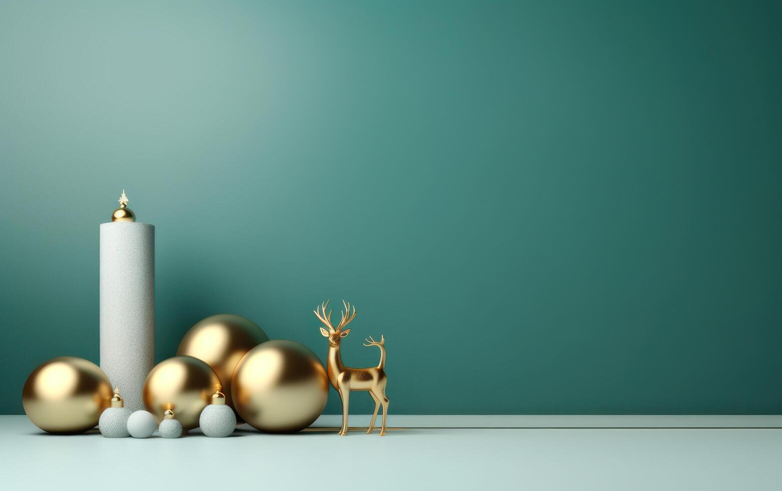 AI generated Podium with christmas decoration by deers in the style of light gray and gold. AI generated photo