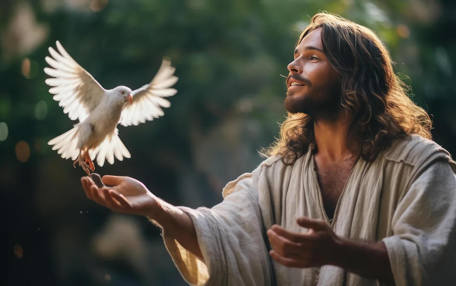 AI generated Jesus Christ with a dove. Jesus baptised concept. Generative AI photo