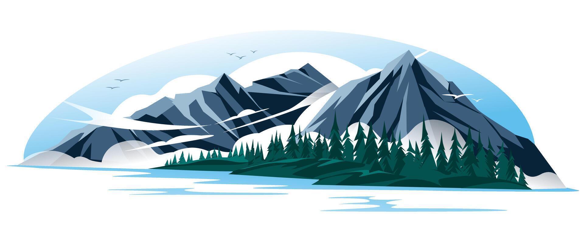 Mountains in the fog on the shore of the lake landscape. Coniferous forest. Calm water. Vector illustration