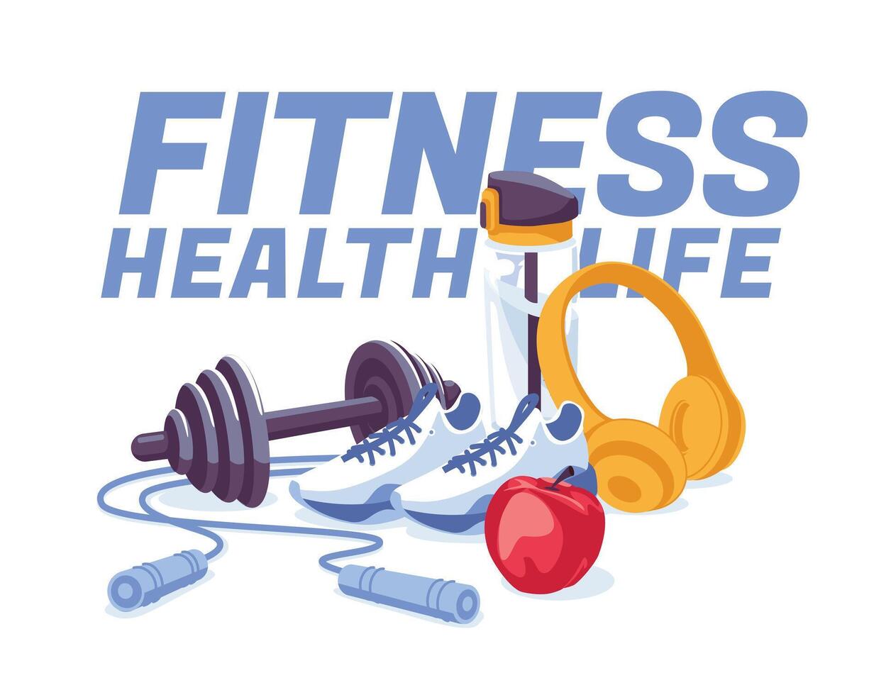 A set of objects for fitness and sports a nd gym. Sports shoes, water, jump rope, apple dumbbells, headphones. Vector flat illustration