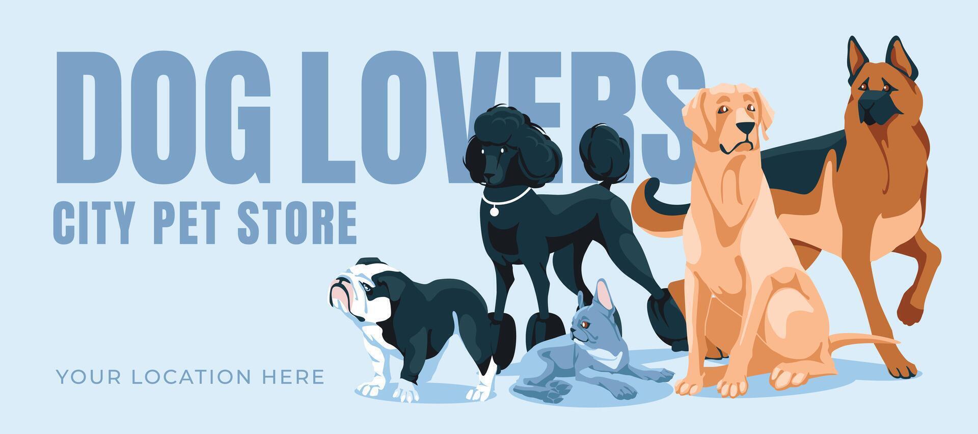 Set of different dogs. Veterinary poster or pet food shop design. Vector flat illustration.