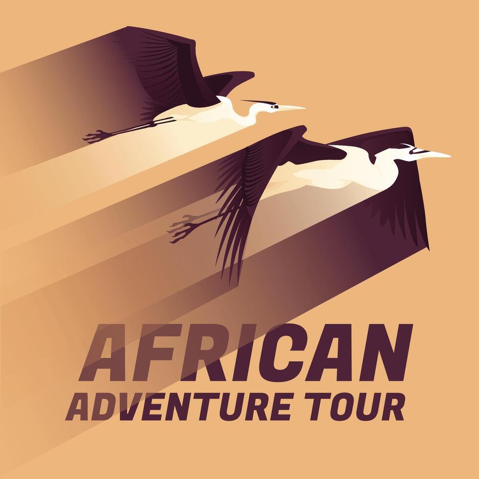 Two African herons are flying. Gradient of movement speed. Safari, tourism and adventure tour. The wild nature. vector
