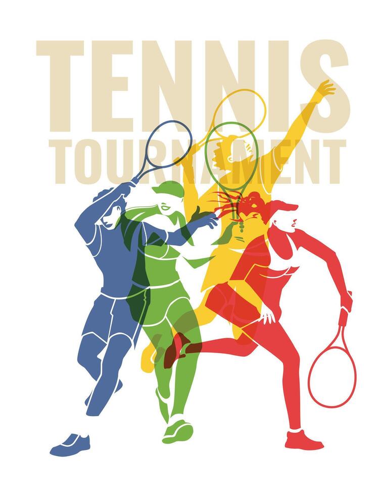 Four tennis players in motion poses. Colorful silhouettes. Professional match poster flyer design. vector flat illustration