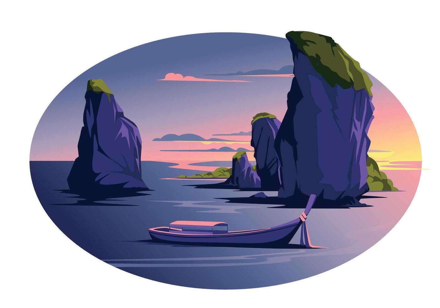 Sunset at the resort of Thailand. Rocky islands near the ocean coast. Tourism, recreation and travel. Traditional rest. Vector illustration