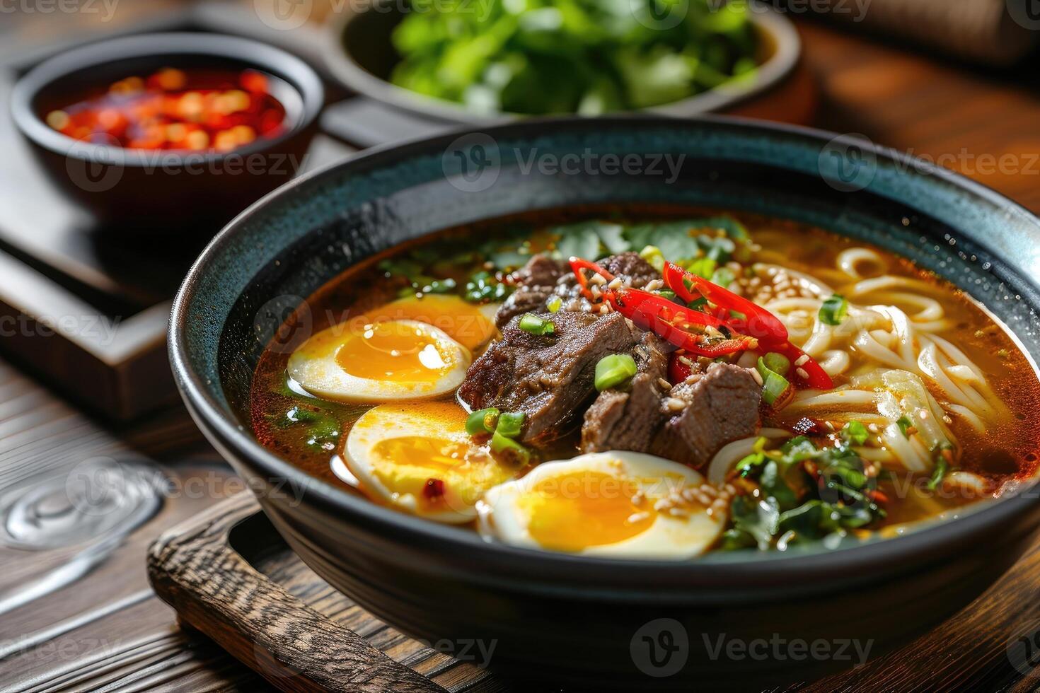 Curry soup with thick noodles, beef, egg, chili peppers served in a bowl. Chinese cuisine. photo