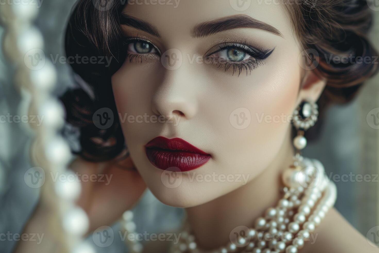 AI generated Romantic woman portrait. Retro style girl wearing old fashioned hat, pearls necklace and earrings, retro hairstyle and make-up. photo