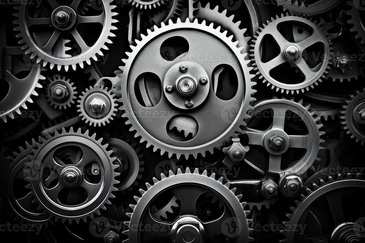 AI generated Retro black and white background of industrial cogs or gears with movement photo