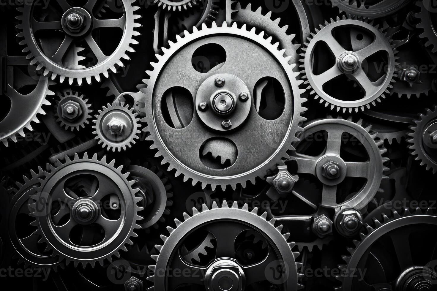 AI generated Retro black and white background of industrial cogs or gears with movement photo