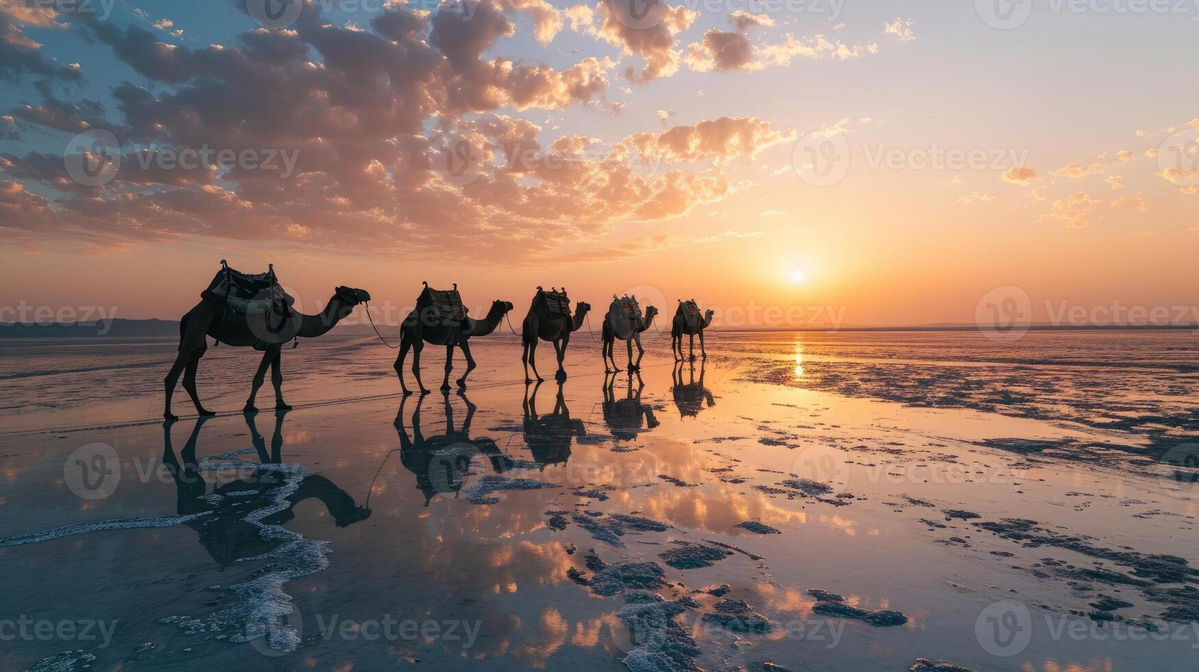AI generated Caravan of camels on the salt lake at sunrise. photo