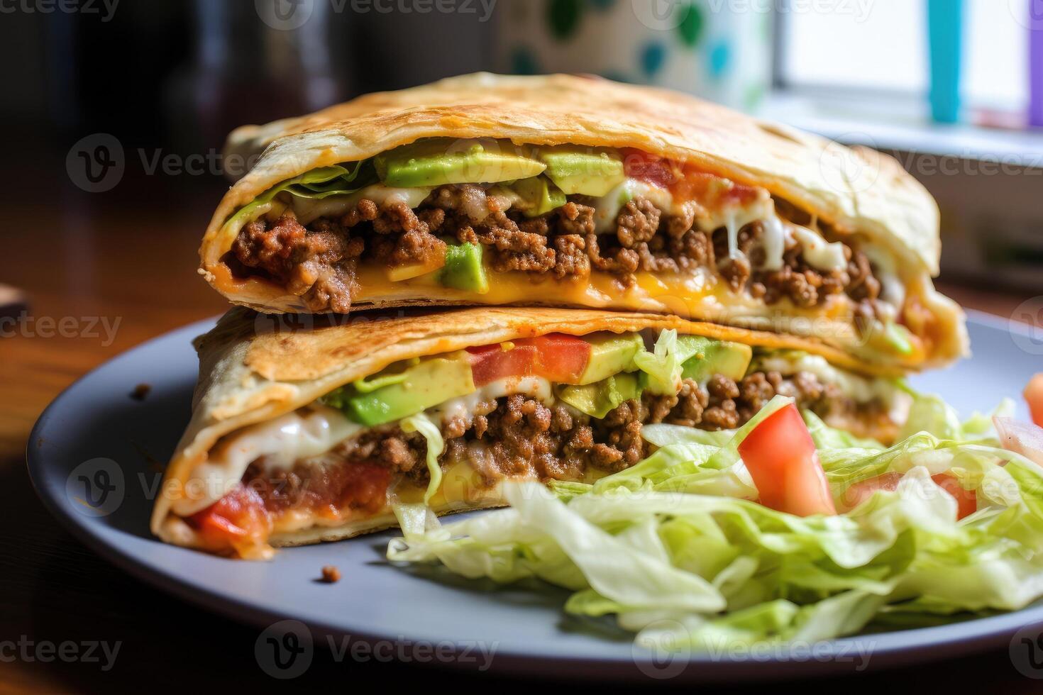 ai generado hecho en casa carne de vaca crujido envolver supremo. supremo nachos cortar en medio y apilado en cada otro foto