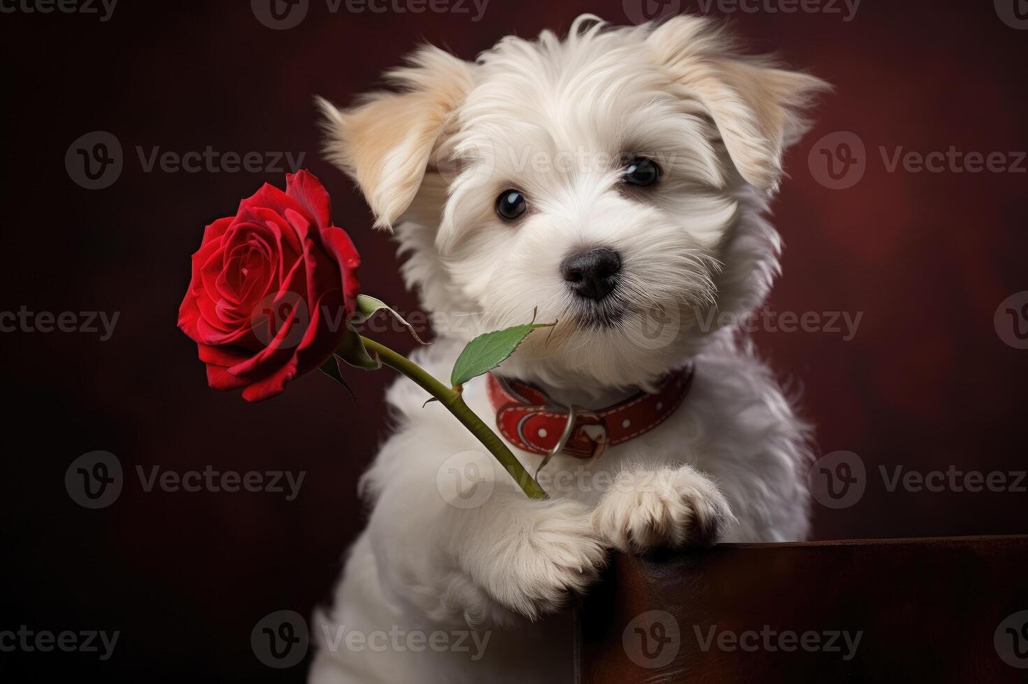 AI generated Cute dog holding a red rose as a Valentine's Day gift photo