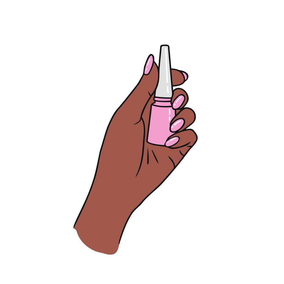 Hand of american or african woman with bottle of nail polish. Illustration for backgrounds and packaging. Image can be used for greeting card, poster and sticker. Isolated on white background. vector