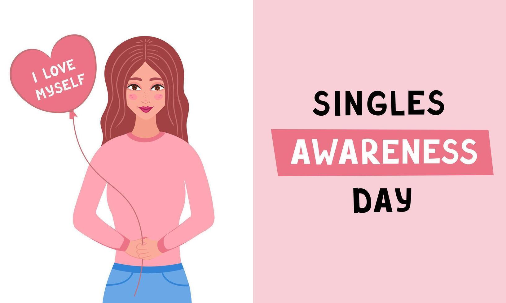 singles awareness day, girl with balloon, love myself. Illustration for backgrounds and packaging. Image can be used for greeting cards, posters and stickers. Isolated on white background. vector