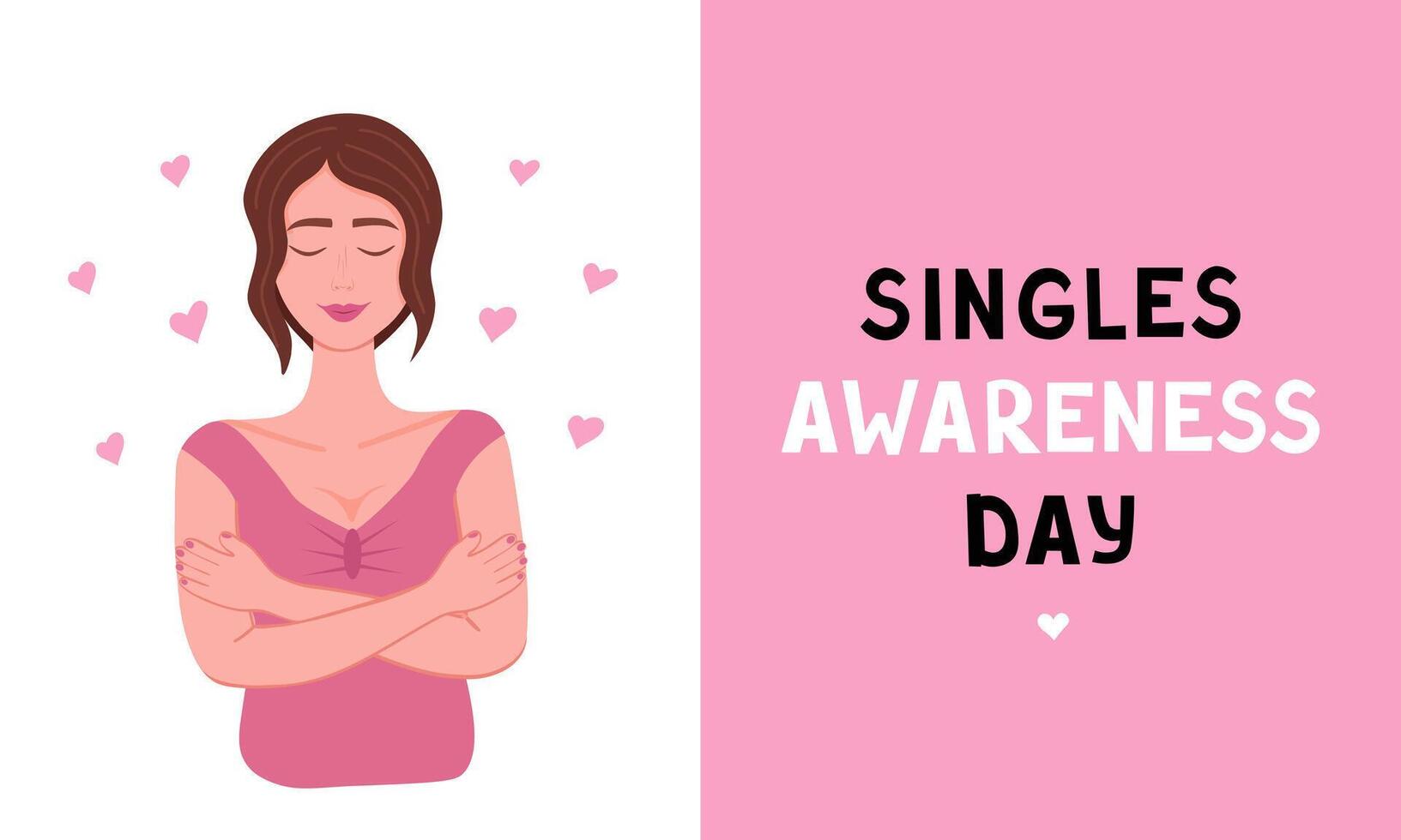 Happy Singles Awareness Day. Happy woman hug herself. Illustration for printing, background and packaging. Image can be used for greeting card, poster and sticker. Isolated on white background. vector