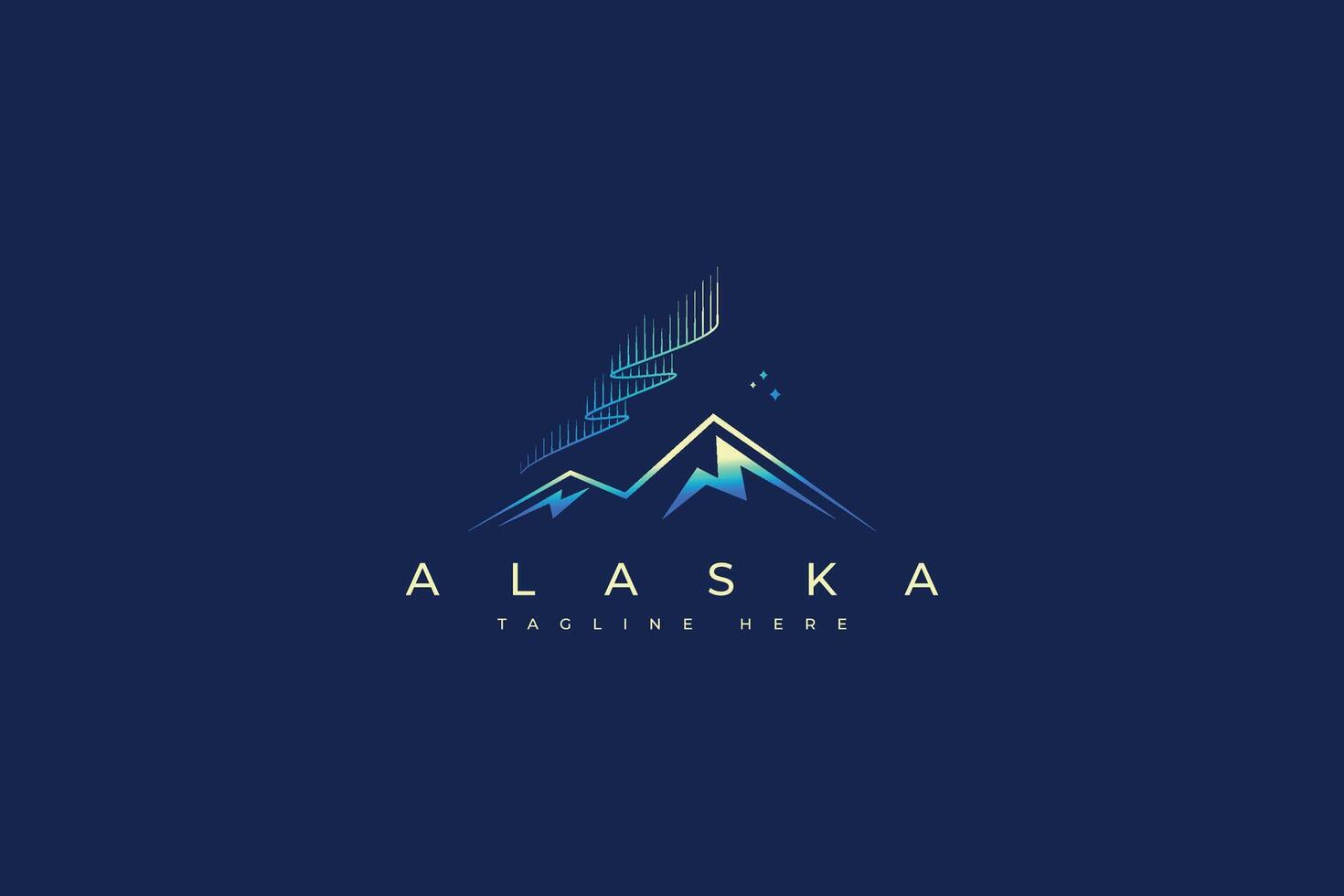 Alaska Abstract Mountain Illustration with Beauty Light Aurora at Night and Star Logo Concept vector