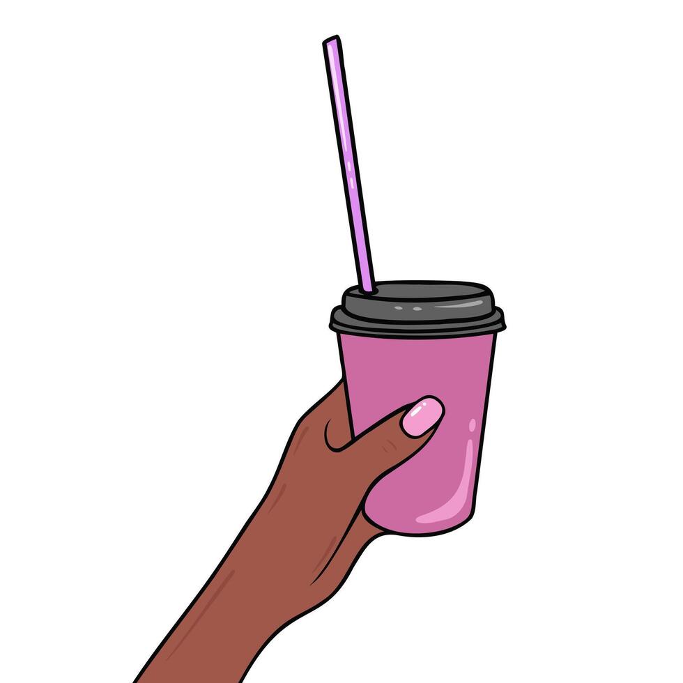 hand of american or african woman with takeaway coffee, beautiful manicure, nails. Illustration for background and packaging. Image can be used for card and poster. Isolated on white background vector