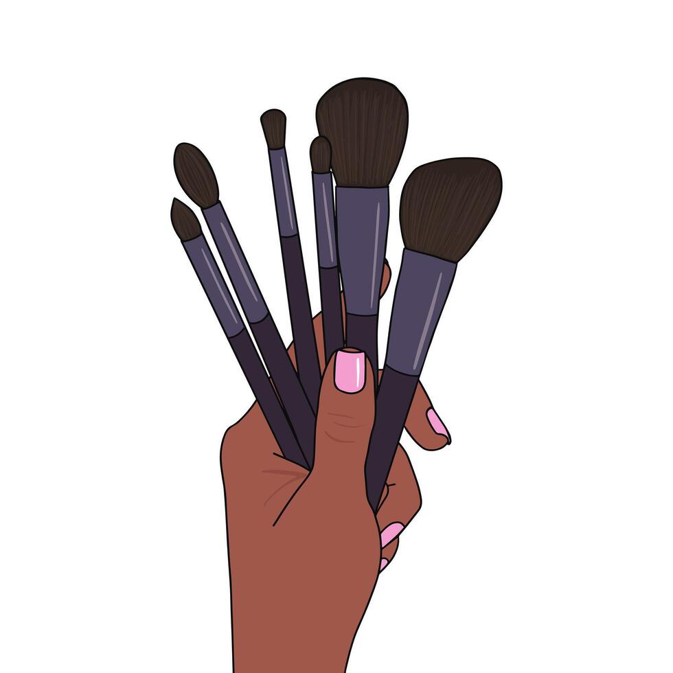 hand of american or african woman, makeup brushes, beautiful manicure, nails. Illustration for backgrounds and packaging. Image can be used for cards and posters. Isolated on white background. vector
