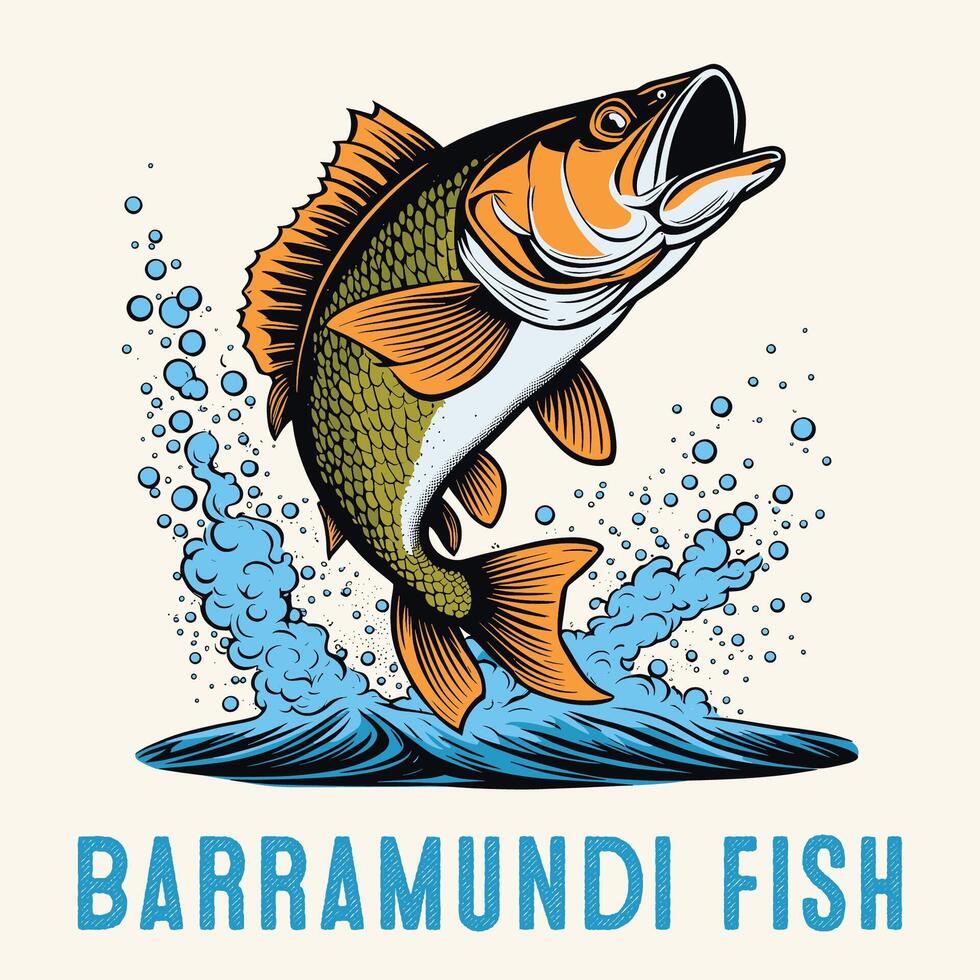 Hand Drawn Barramundi fish colorful Vintage Engraved Style vector